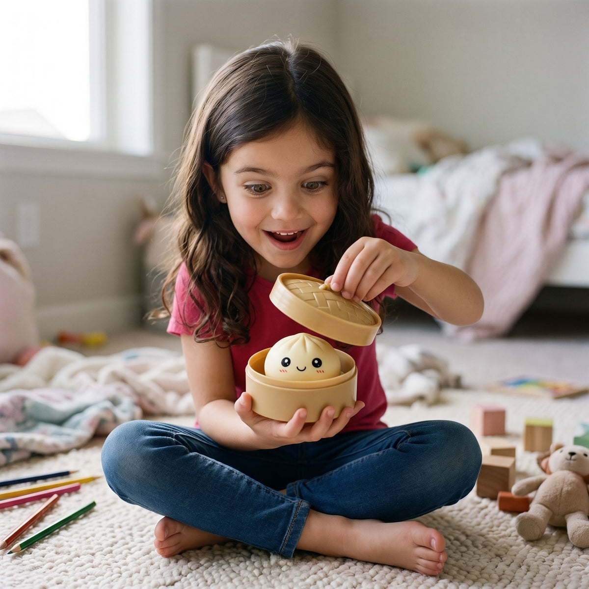 Girl lifting the lid off a dumpling squishy blind box on her bedroom rug and finding the cream design
