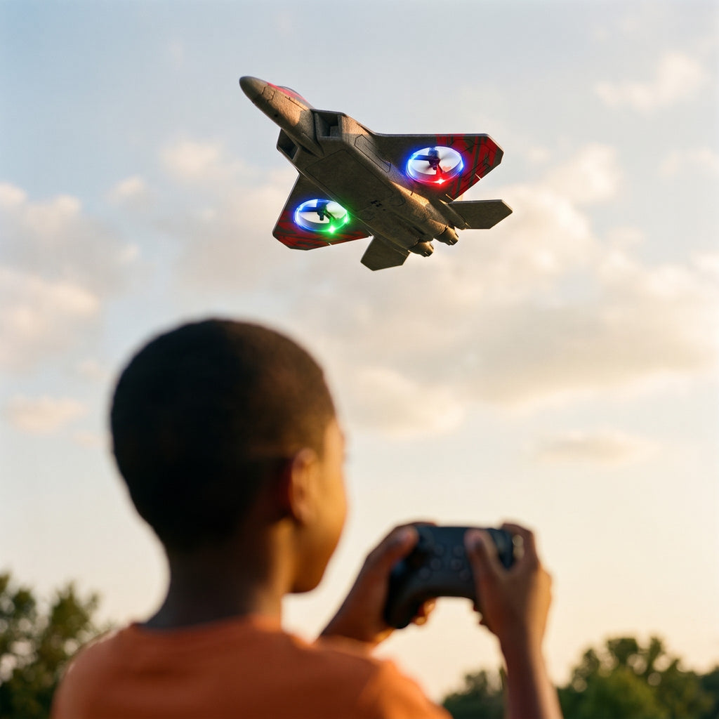 Remote control foam fighter jet in flight, its four LED rotor rings lit