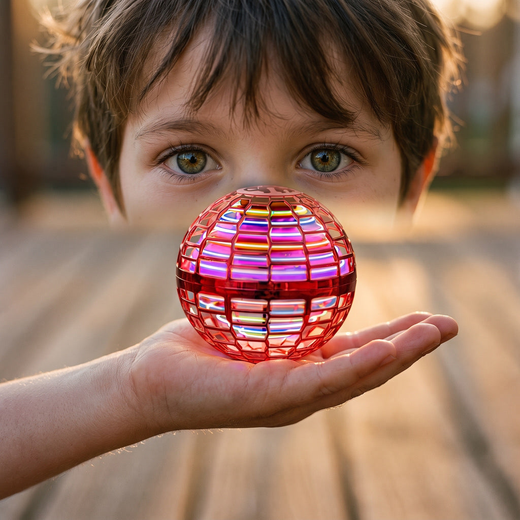 Red flying orb ball resting in a child's open palm, lights on