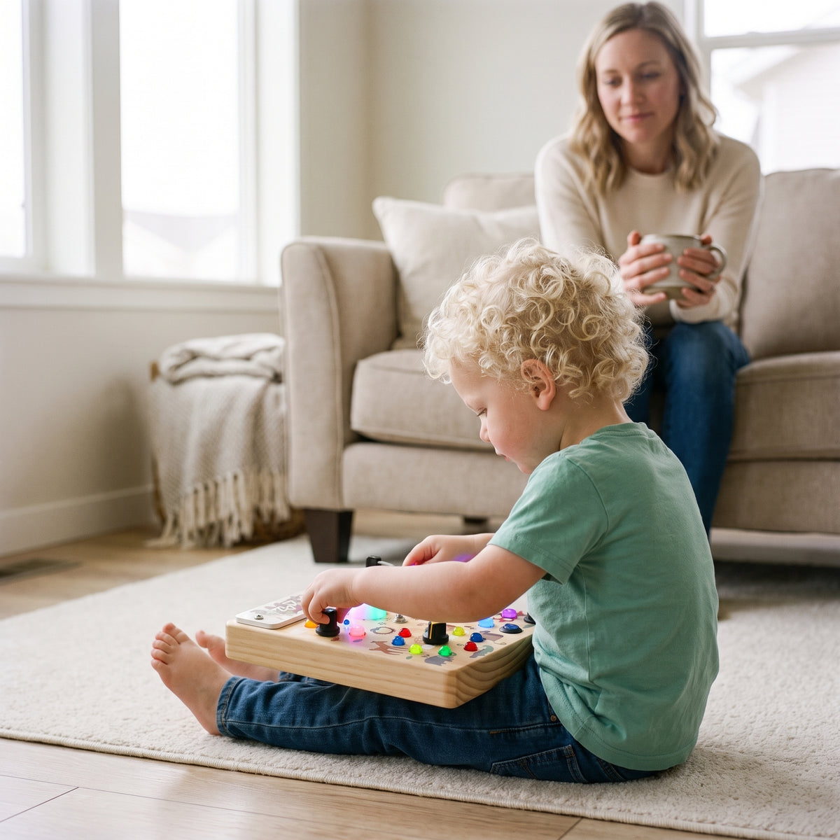 Toddler absorbed in the forest LED busy board on the rug while his mother sits back with a mug