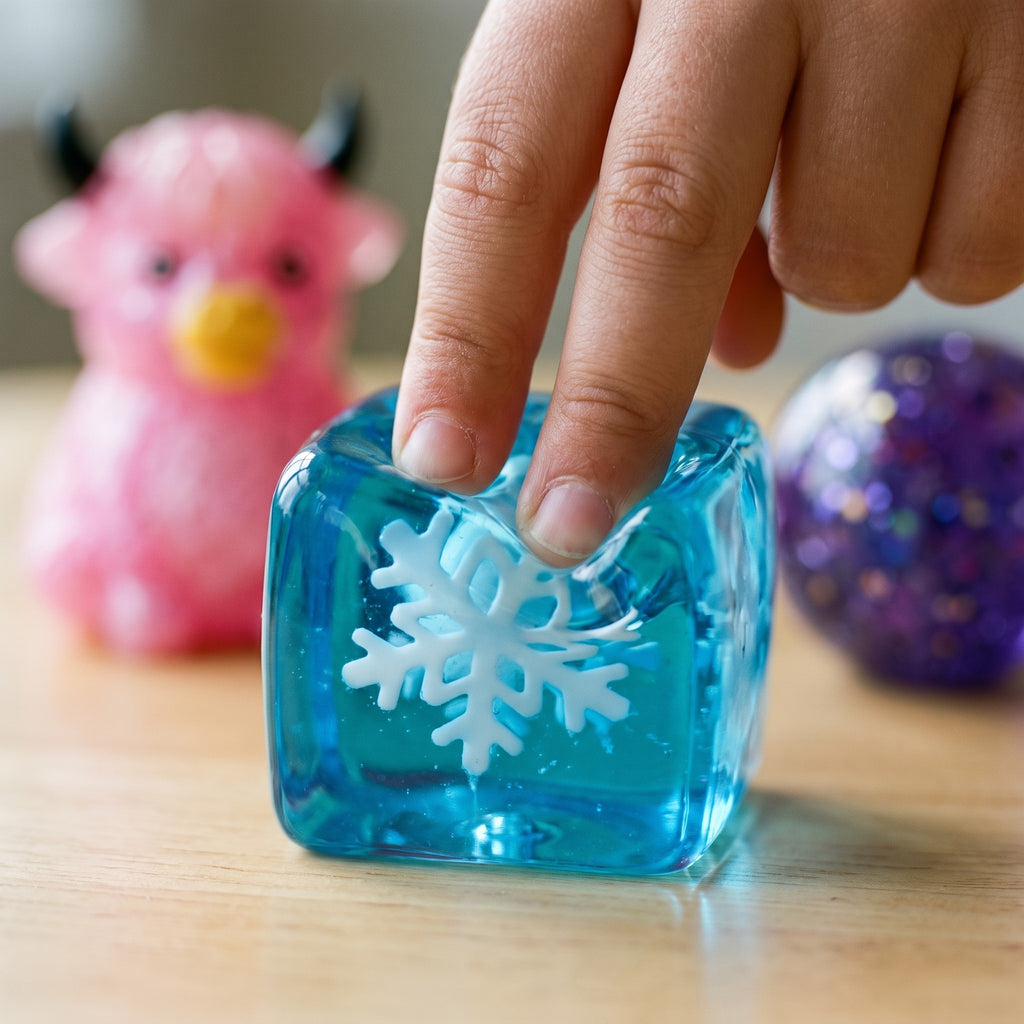 A finger pressing into the snow ice squishy, the gel holding the dent