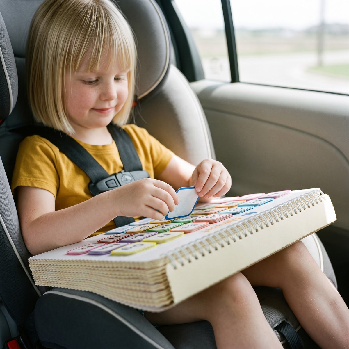 Girl using the preschool busy book on her lap in her car seat