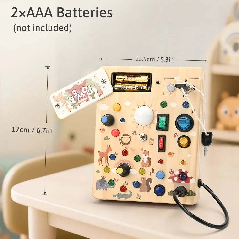 Forest LED busy board measured at 6.7 by 5.3 inches, running on two AAA batteries not included