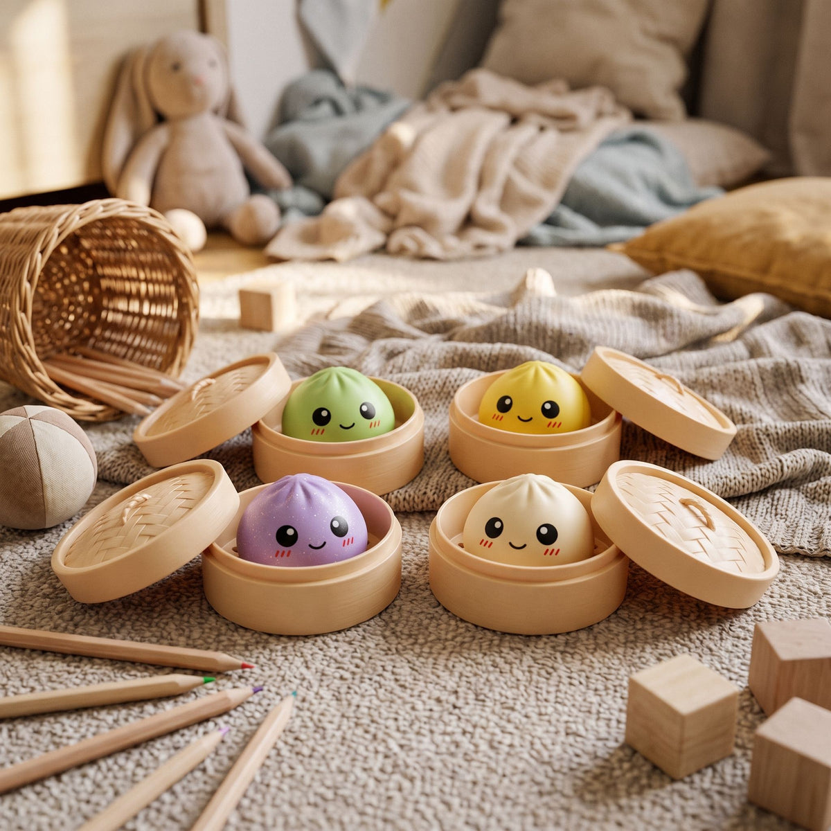 The four dumpling squishy designs in their open steamer baskets on a knitted blanket, purple glitter, green, yellow and cream