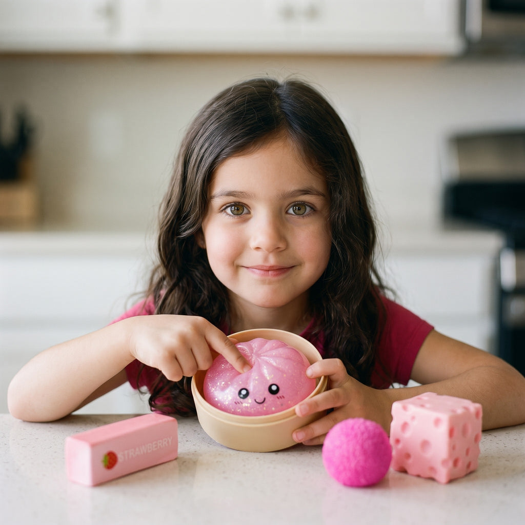 Girl at the kitchen table pressing the pink glitter bao squishy in its bamboo steamer