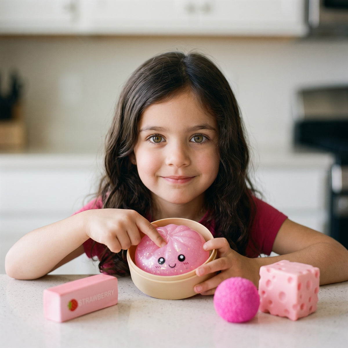 Girl at the kitchen table pressing the pink glitter bao squishy in its bamboo steamer