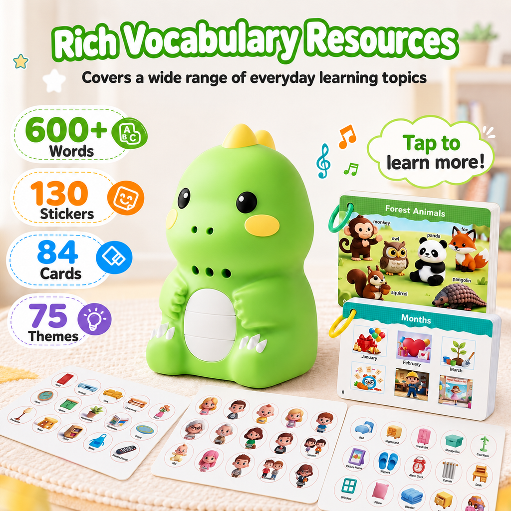 Green dinosaur reader beside Forest Animals and Months cards and sticker sheets, with badges for 600+ words, 130 stickers and 75 themes