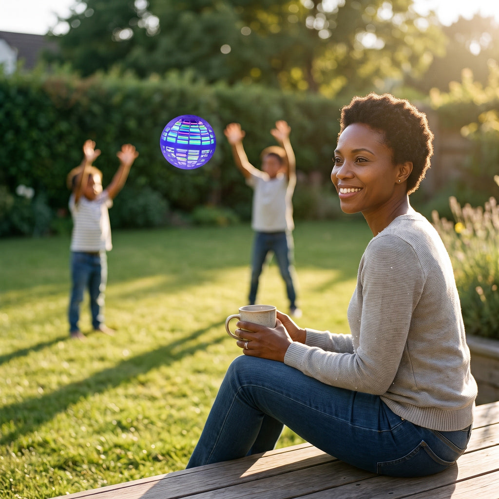 Mother sitting on the deck with a mug while her kids play with the flying orb ball