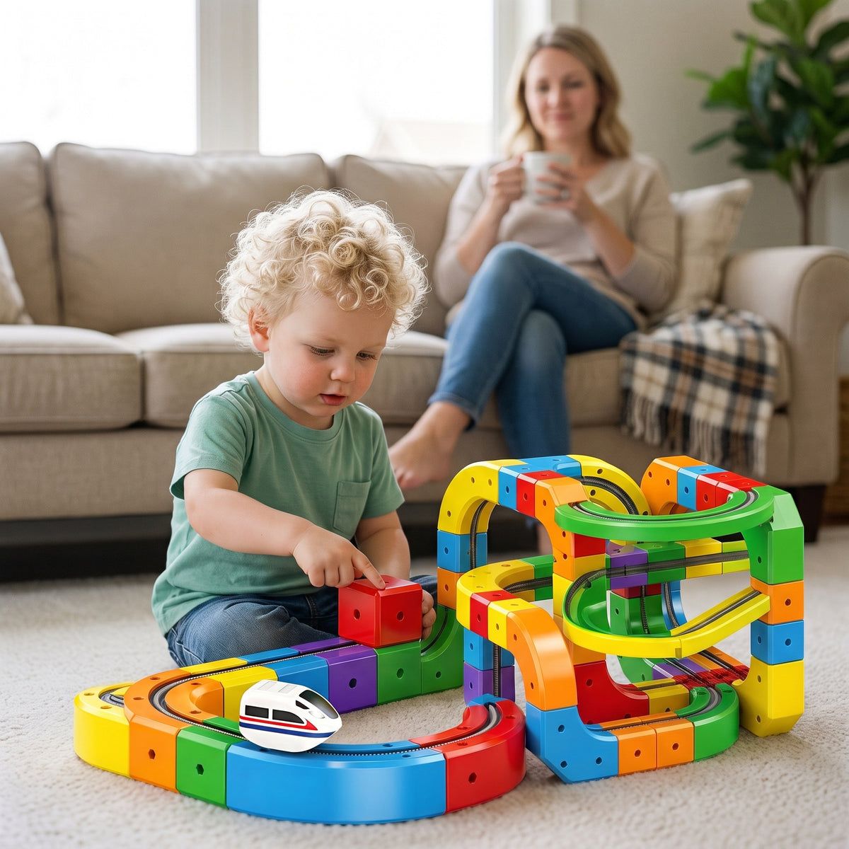 A toddler absorbed in the track while a parent relaxes nearby
