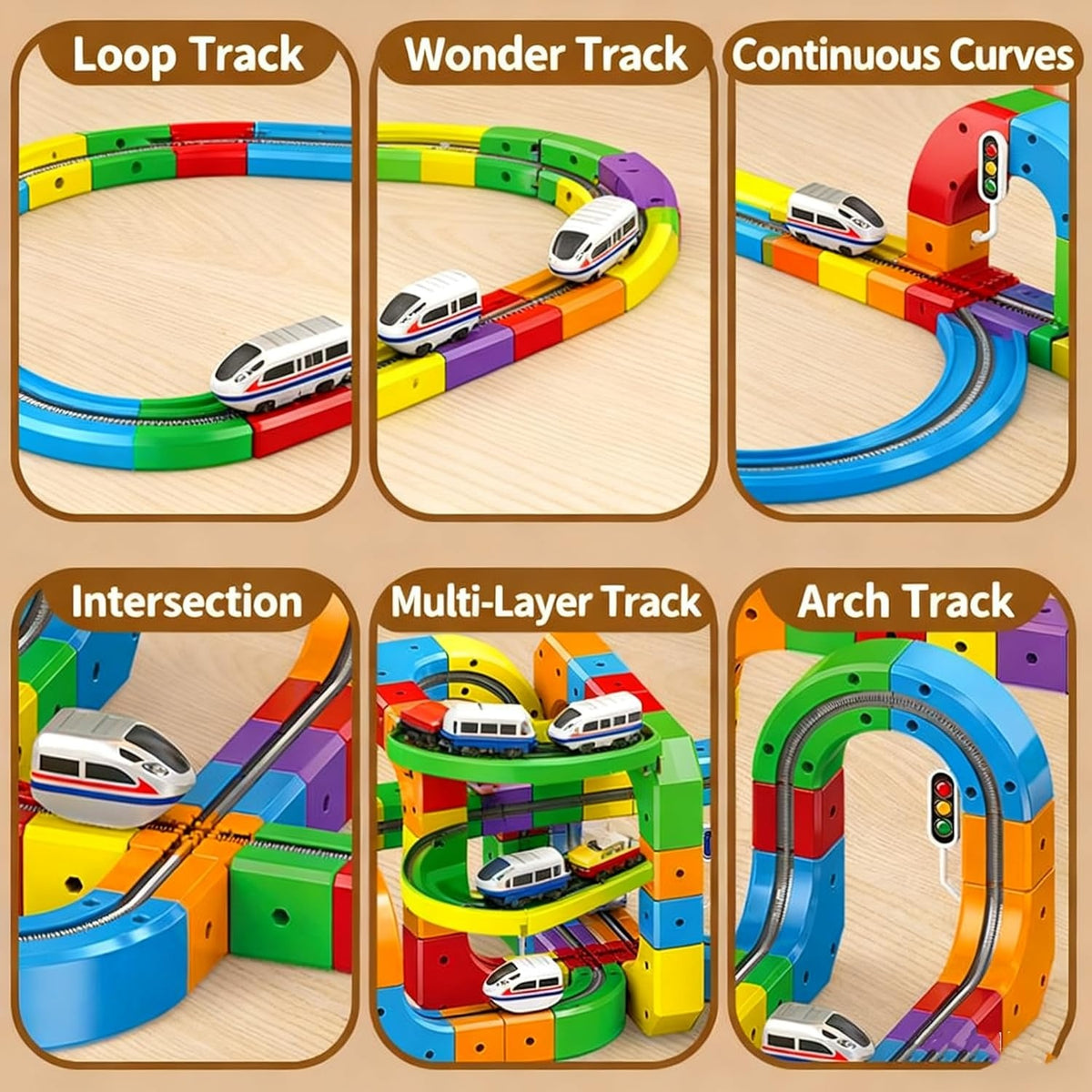Six track shapes: loop, curve, intersection, multi-layer, arch
