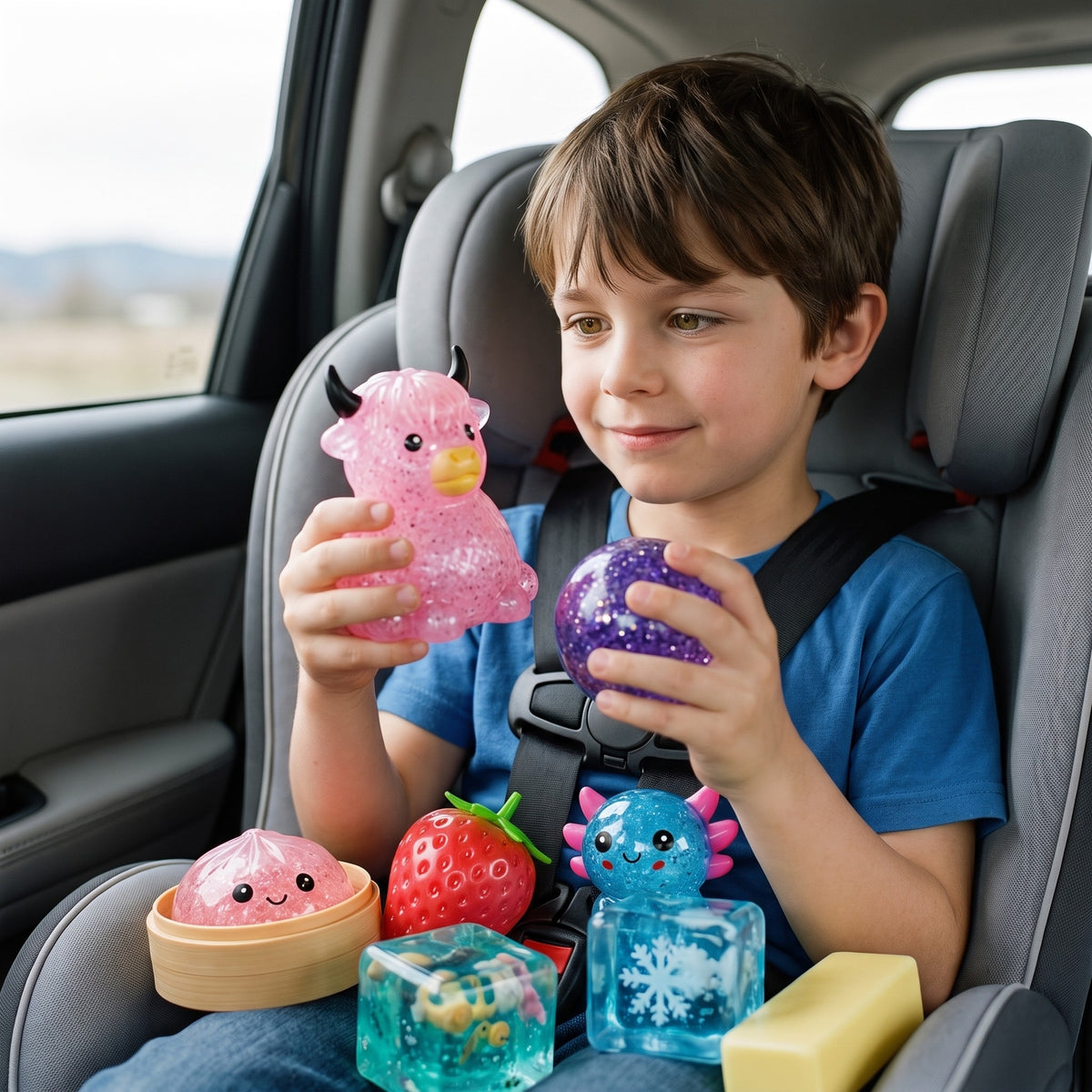 Boy holding the highland cow and the starry globe squishies in his car seat