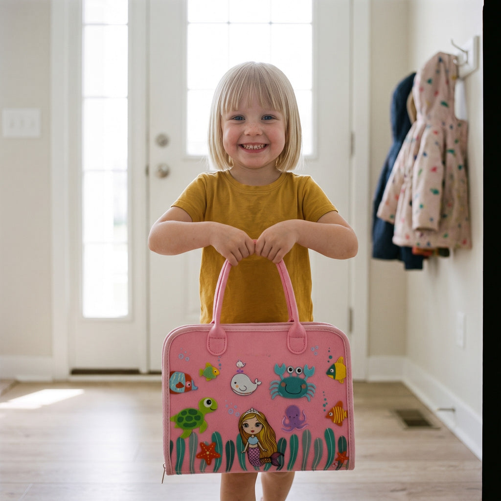 Girl carrying the pink felt busy board by its two handles like a small bag