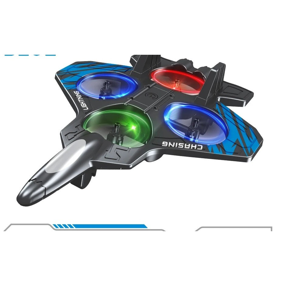 Blue remote control foam fighter jet, four ducted rotors set into the wing