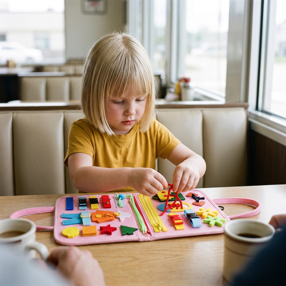 Girl threading the red lace of the pink felt busy board on a cafe table