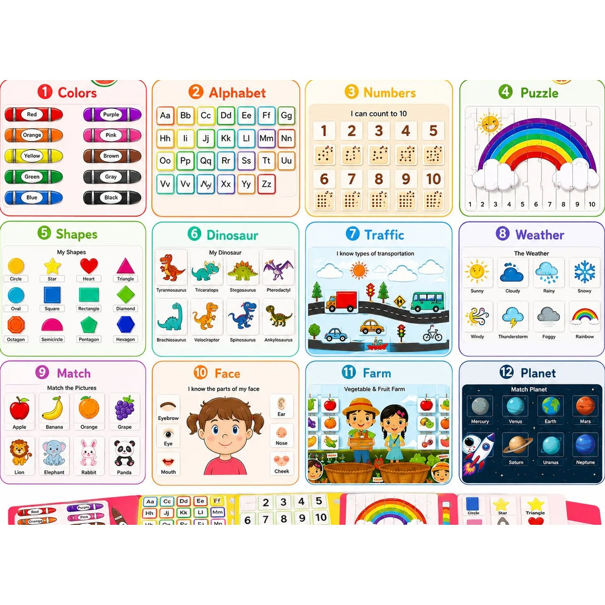 The twelve busy book themes: colors, alphabet, numbers, puzzle, shapes, dinosaurs, traffic, weather, matching, faces, farm and planets
