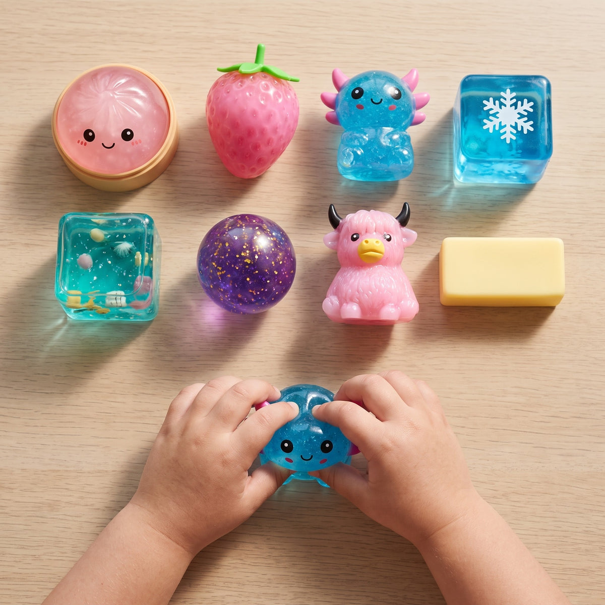 Top-down view of the eight squishy shapes in the sensory set