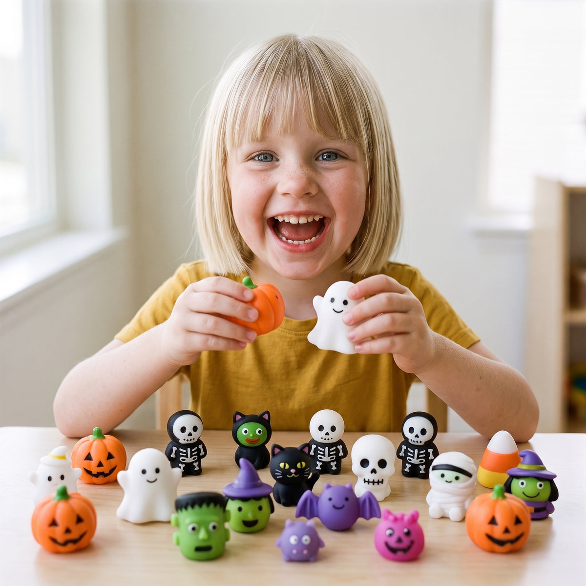 A laughing blonde girl holding an orange pumpkin squishy in one hand and a white ghost squishy in the other, two dozen more lined up on the table in front of her