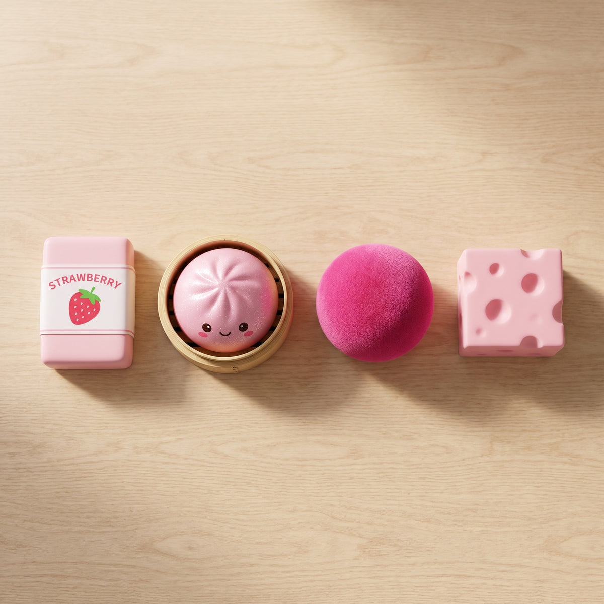 Top-down view of the four pink squishy shapes in the sensory set