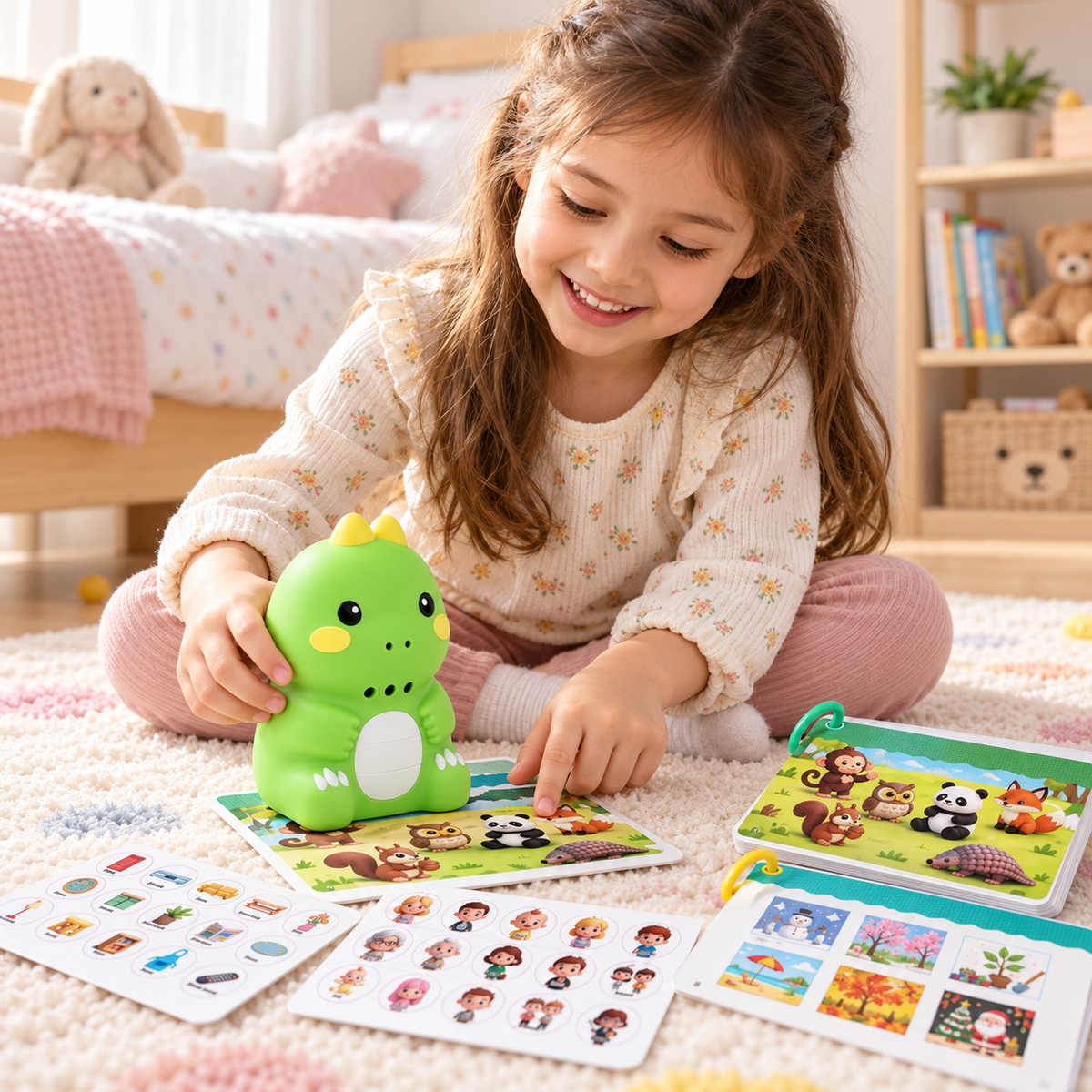 A smiling girl sitting on a rug holds the green dinosaur reader over a Forest Animals picture card, with sticker sheets around her