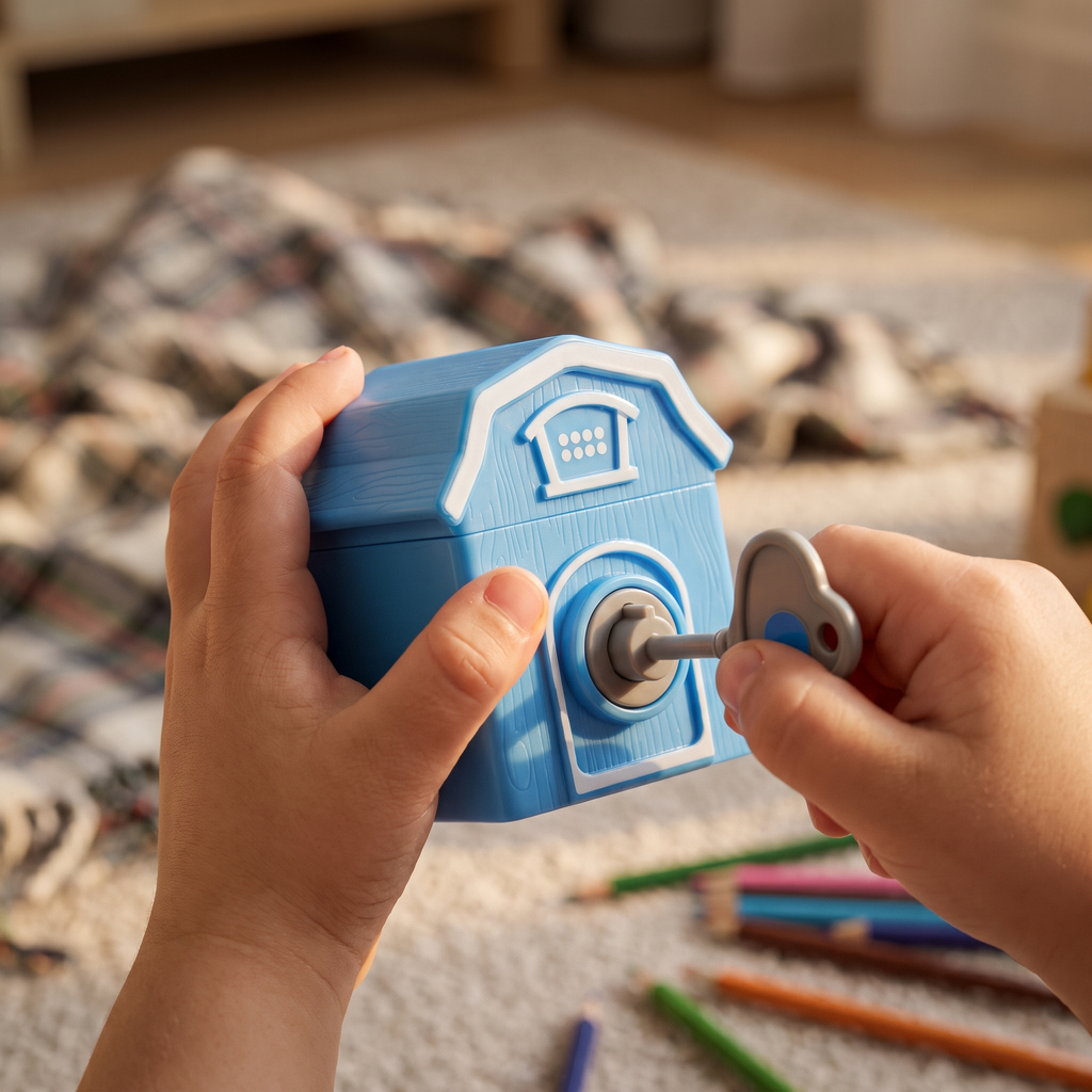 Close-up of a child turning the key on a barn lock