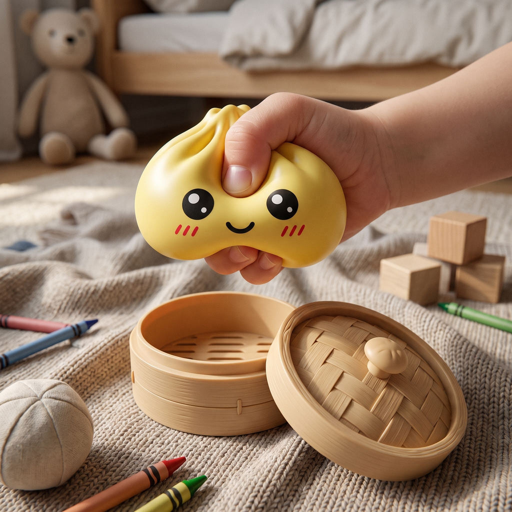 Yellow dumpling squishy pressed in a child's hand, the slow-rise material holding the dent