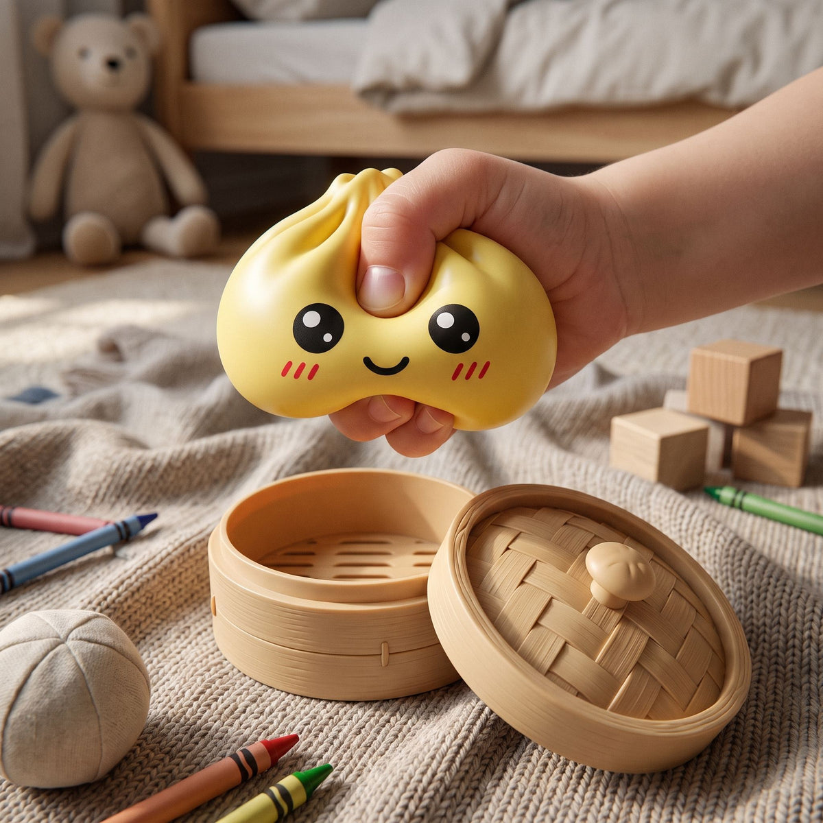 Yellow dumpling squishy pressed in a child's hand, the slow-rise material holding the dent