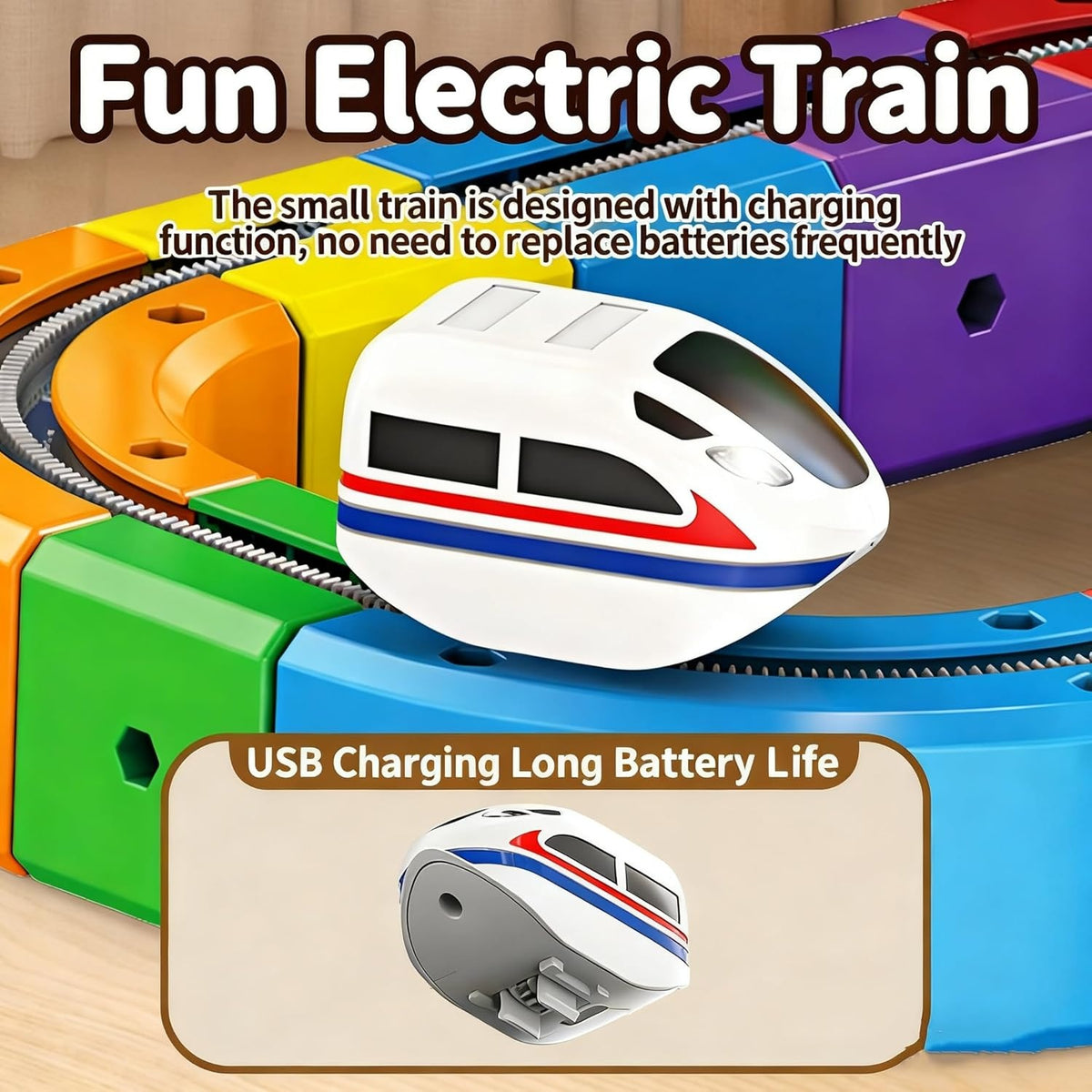 The rechargeable train and its USB charging cable