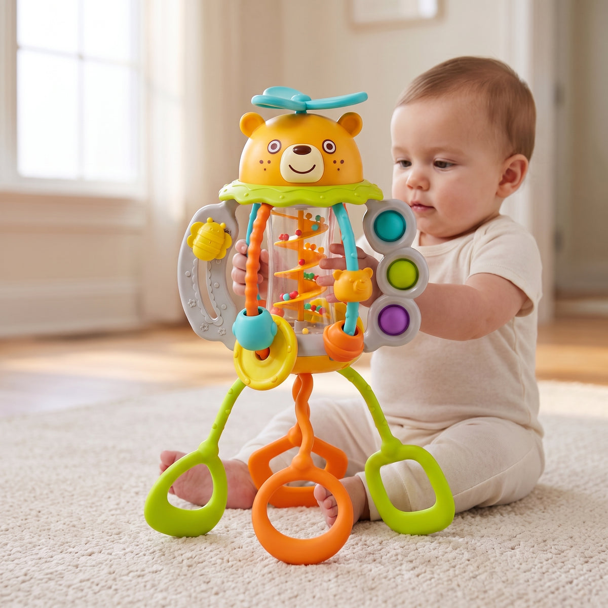 Baby sitting on a cream play mat, both hands wrapped around the clear barrel of the bear rattle, watching the coloured beads roll down the orange spiral