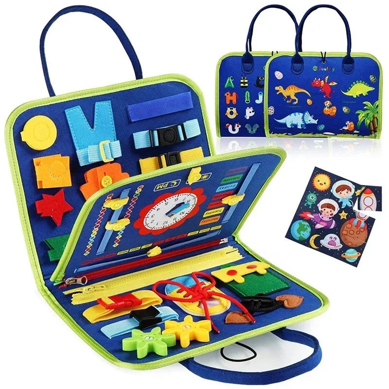 Blue dinosaur felt busy board open flat, with zipper, buckles, laces and turning gears