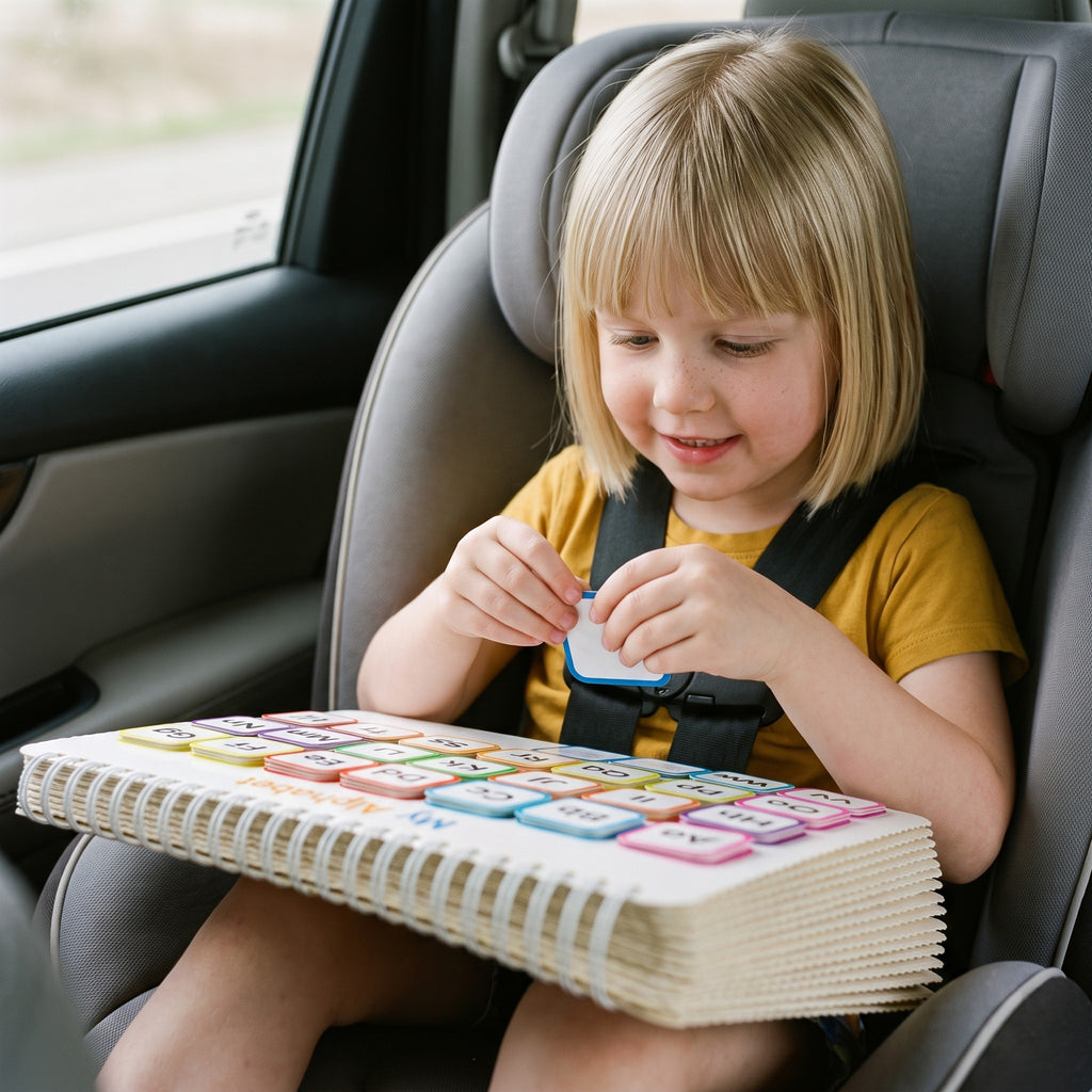 Preschool busy book open flat on a child's lap, cards held on velcro