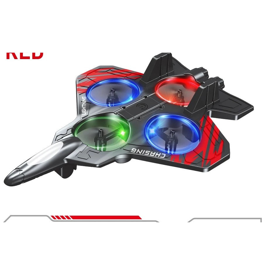 Red remote control foam fighter jet, four ducted rotors set into the wing