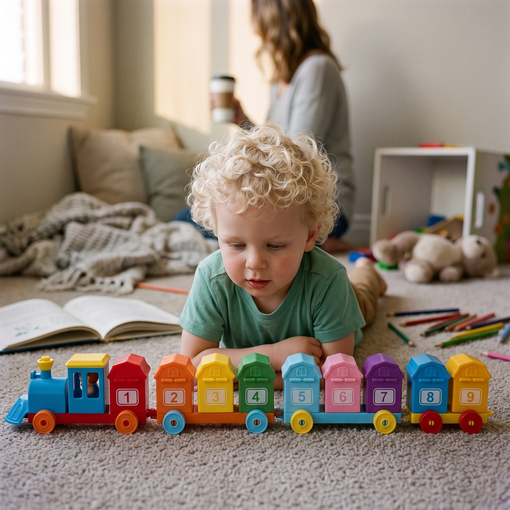 A young child absorbed in the farm train while a parent has coffee behind him