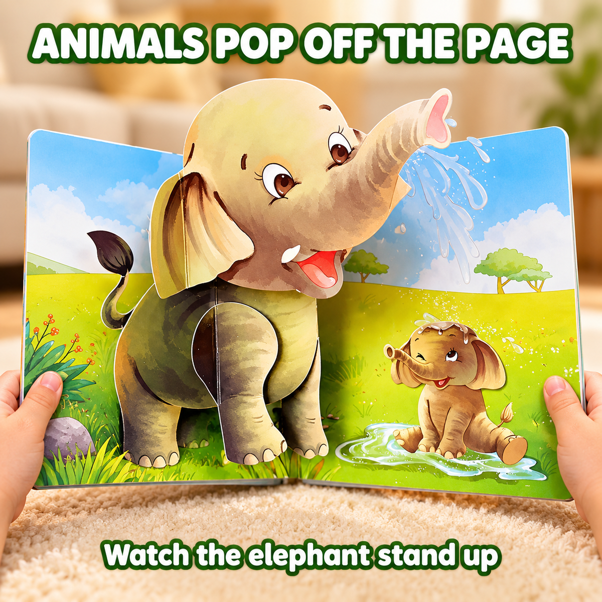 Child opening the pop-up book as the elephant stands up