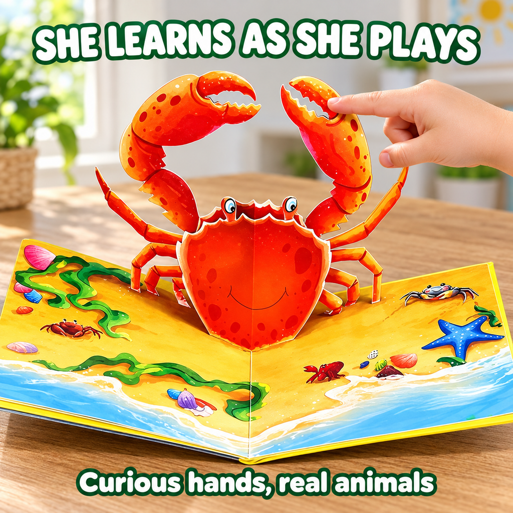 Child touching the crab pop-up in the 3D animal book