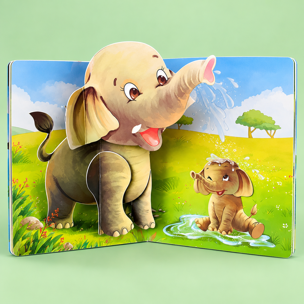 3D pop-up animal book open on the elephant page