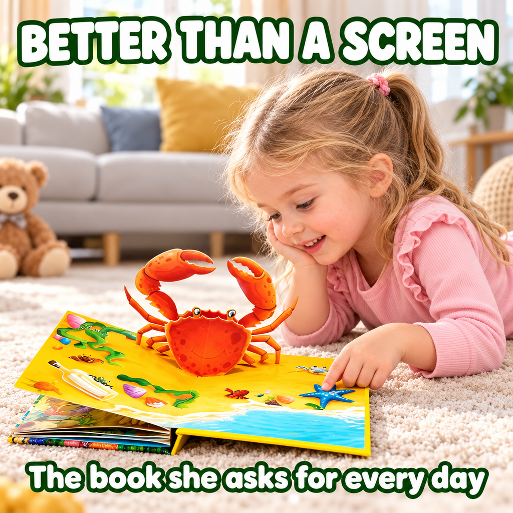Girl absorbed in the 3D pop-up animal book instead of a screen
