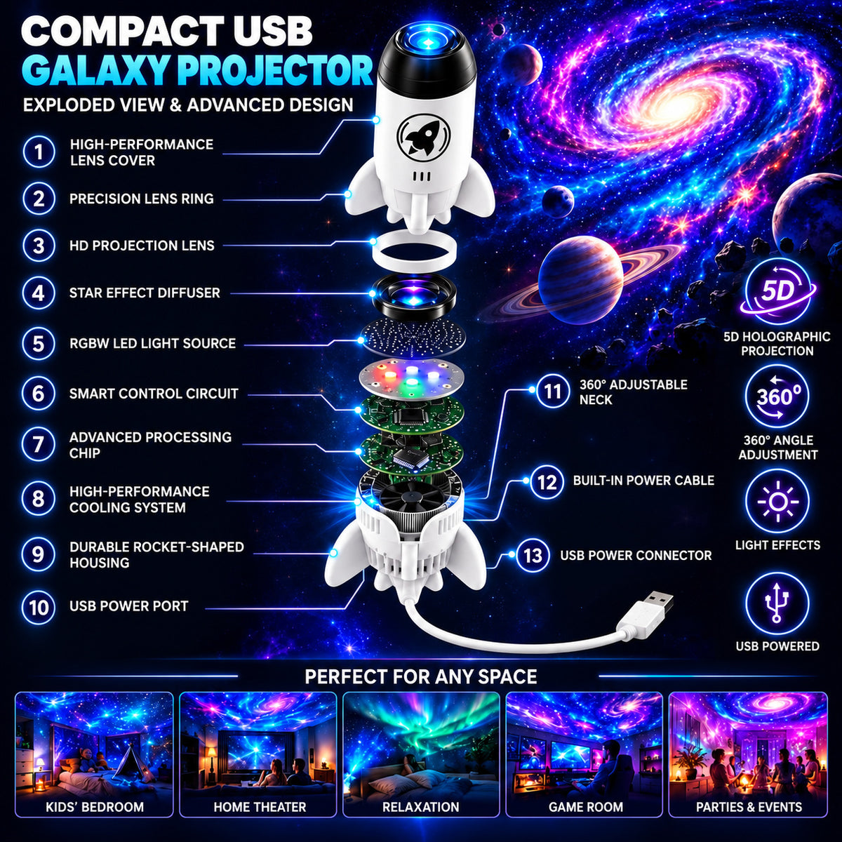 5D Holographic Projector with Galaxy and Ocean Scenes - view 8