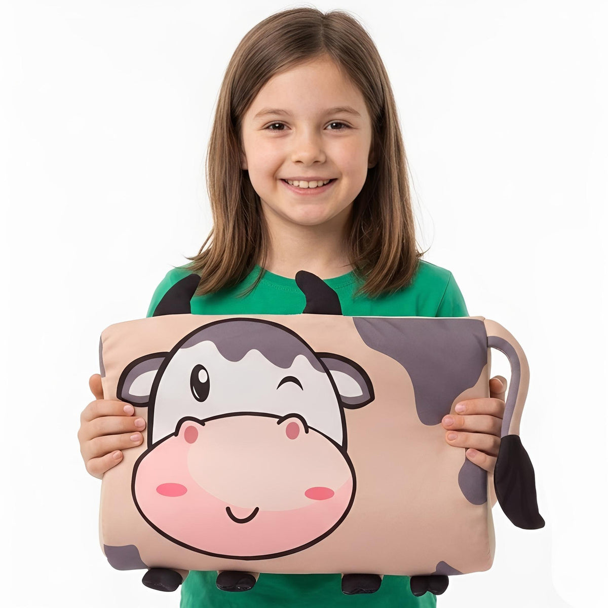Animal Pillow for Kids with 3D Ears and Tail, Cow
