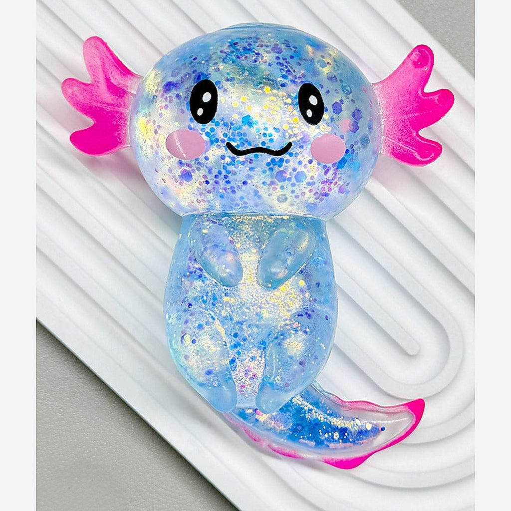 Blue glitter axolotl squishy, close up