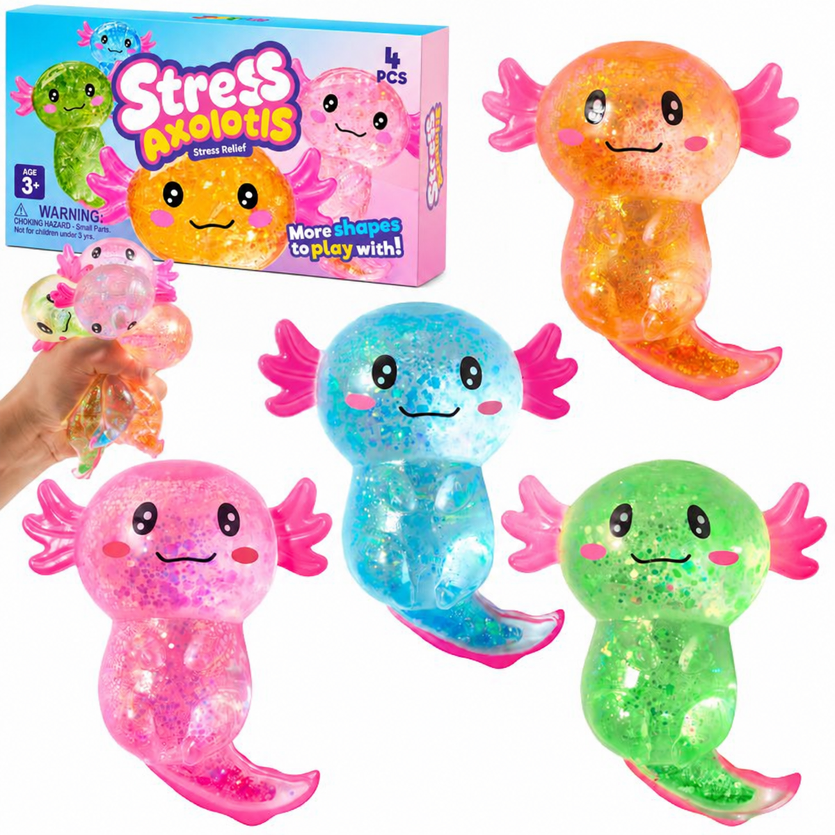 Axolotl squishy 4-pack in its box with four glitter axolotls