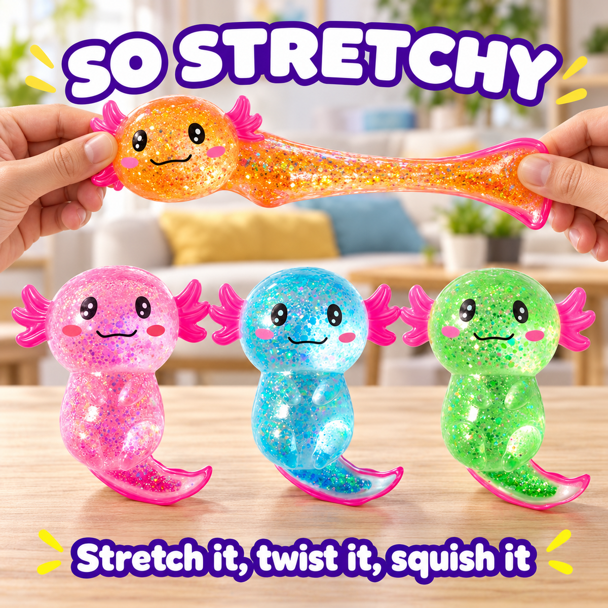 Stretchy orange axolotl squishy pulled between two hands