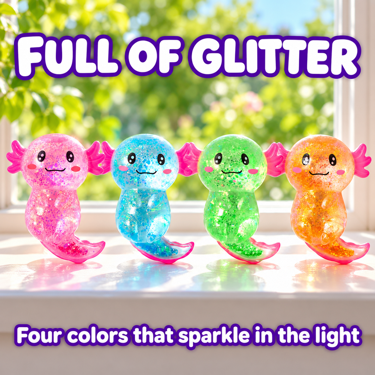 Four glitter axolotl squishies backlit on a windowsill