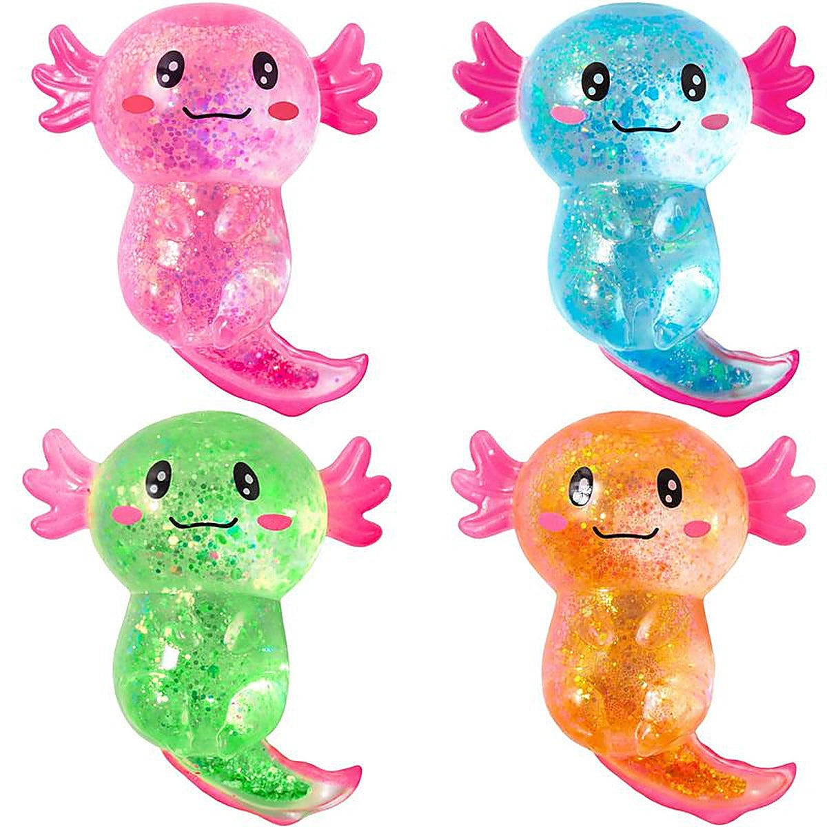 Four glitter axolotl squishies in pink, blue, green and orange