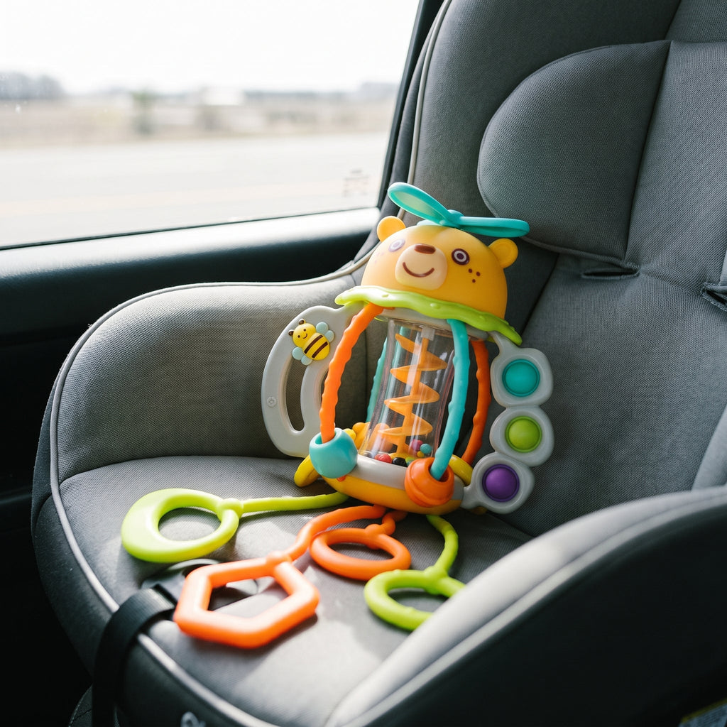 The bear rattle lying on an empty grey car seat, its teething rings spread across the padding