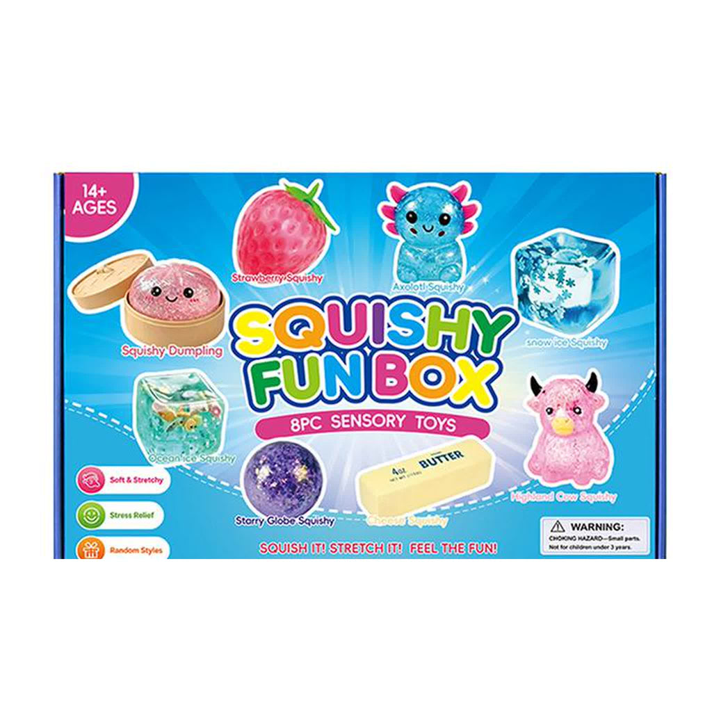 The Squishy Fun Box retail box, eight squishies pictured: squishy dumpling, strawberry, axolotl, snow ice, ocean ice, starry globe, butter and highland cow