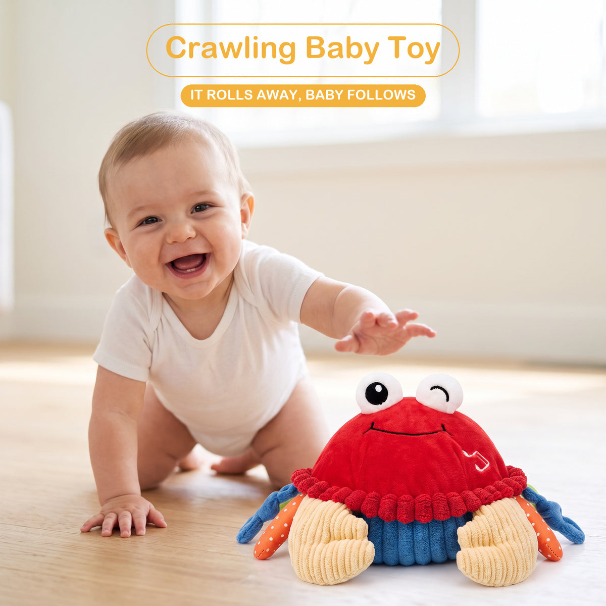 Baby crawling across a wooden floor after the red musical crab plush toy that rolls away