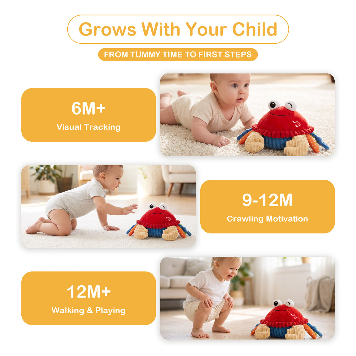 Musical bouncing crab plush shown with babies at 6 months, 9 to 12 months and 12 months and over, from tummy time to first steps
