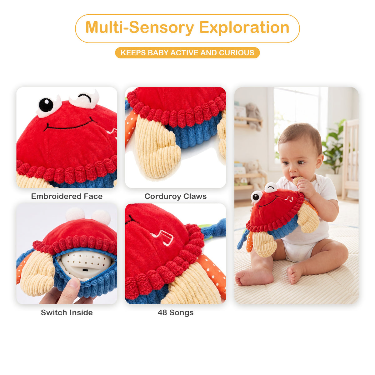 Close-ups of the crab plush embroidered face, corduroy claws and inner switch, with a baby mouthing the toy