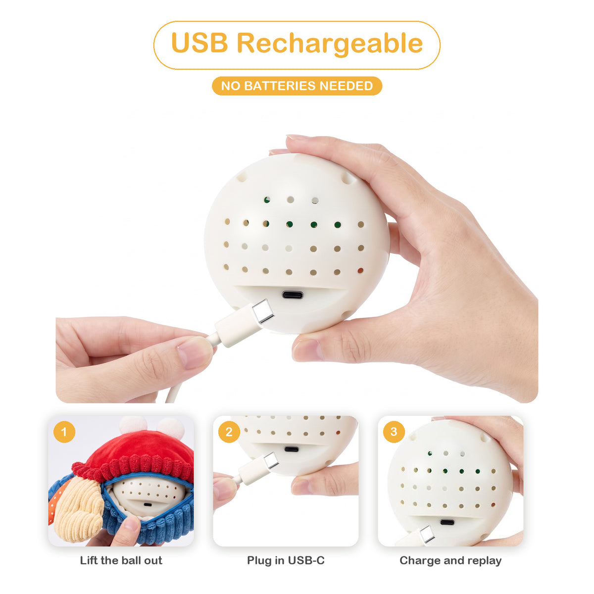 The sound ball inside the crab plush recharges over a USB-C cable, no batteries needed