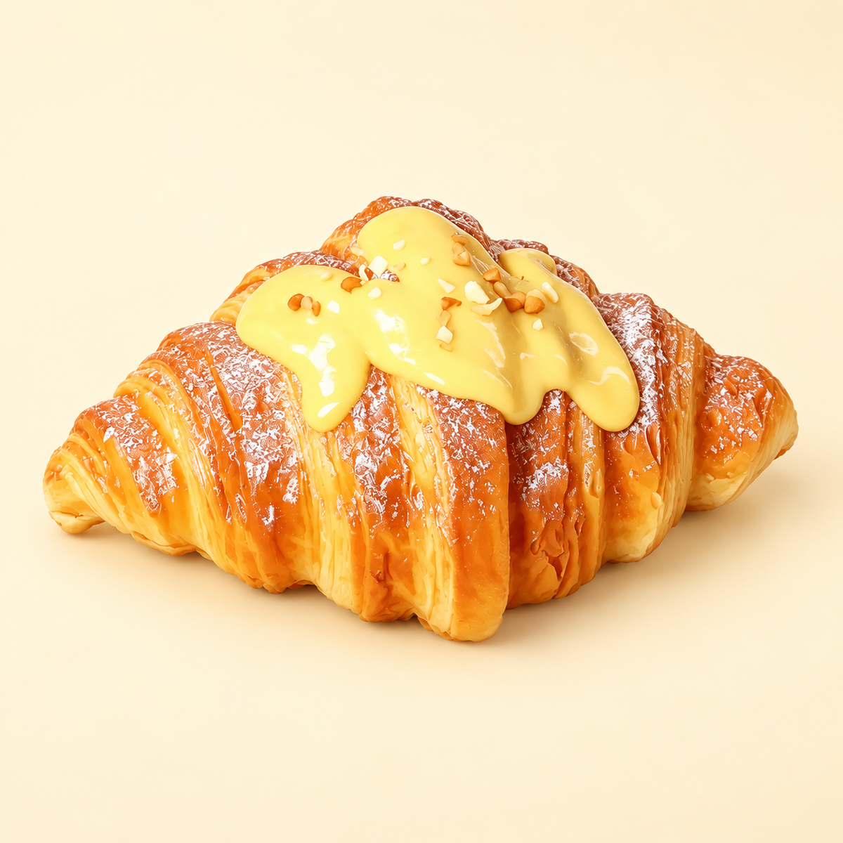 Croissant squishy, golden croissant with custard glaze on a plain golden background